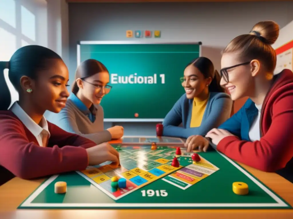 Niños emocionados juegan juegos de mesa educativos en aula soleada, rodeados de libros y pósters educativos