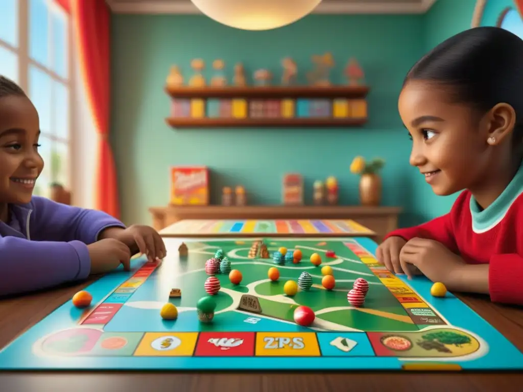 Diversos niños disfrutan emocionados de una partida de Candy Land en una habitación soleada llena de juegos de mesa