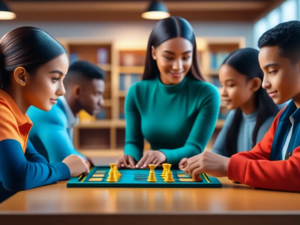 Niños escolares disfrutan de juegos de mesa educativos en vibrante aula escolar, fomentando habilidades de trabajo en equipo y pensamiento crítico