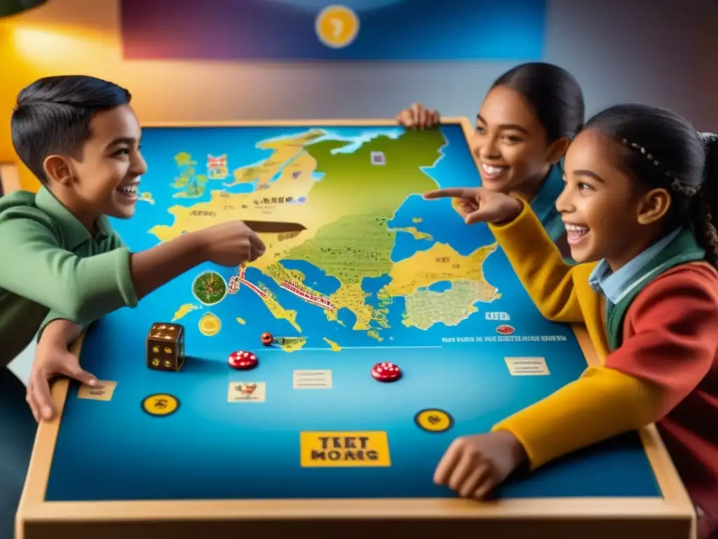 Niños de diferentes etnias señalan con entusiasmo lugares en el mapa de 'Ticket to Ride' en un aula llena de juegos de mesa educativos geografía