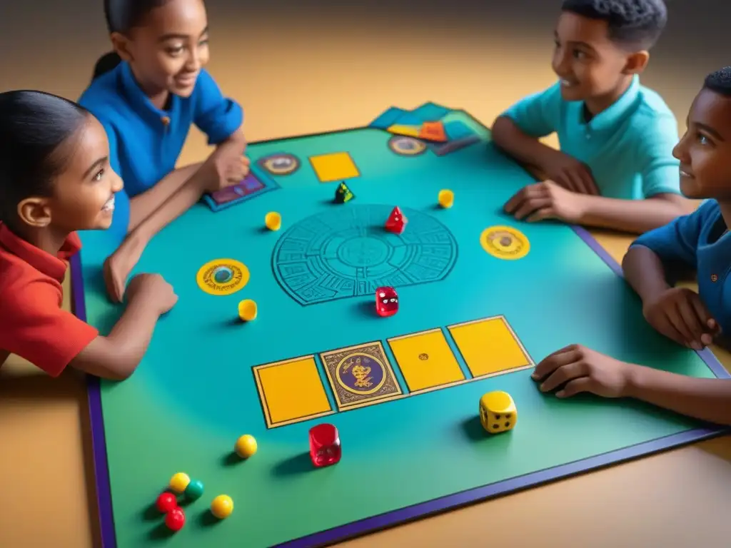 Niños de diversas etnias y géneros juegan un colorido juego de mesa infantil, mostrando la importancia de diseño para los pequeños