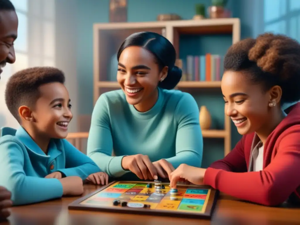 Niños de diferentes etnias y géneros disfrutan juntos un juego de mesa, fomentando el desarrollo de la inteligencia emocional