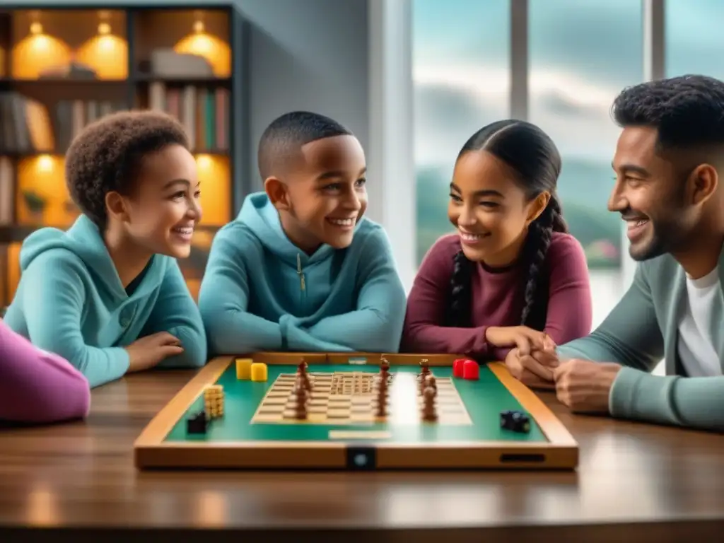 Niños de diversas etnias y habilidades juegan felices en mesa llena de juegos, promoviendo la diversidad