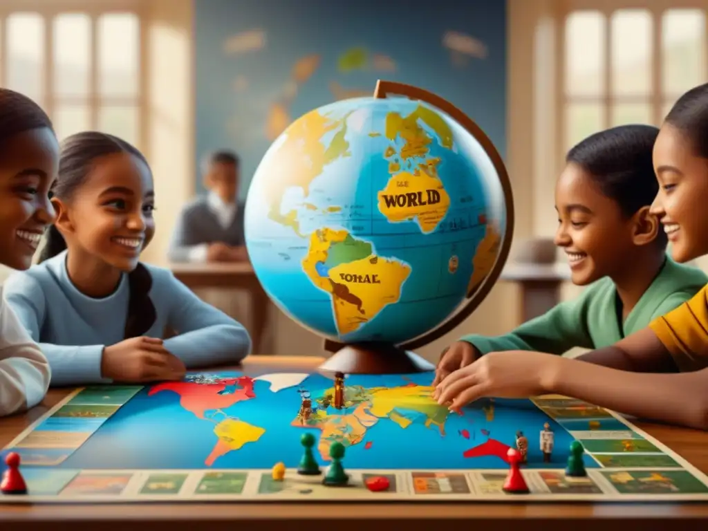 Juego educativo de cooperación mundial entre niños diversos Niños de distintas etnias juegan un juego de mesa con un mapa mundial, rodeados de libros de educación para la paz