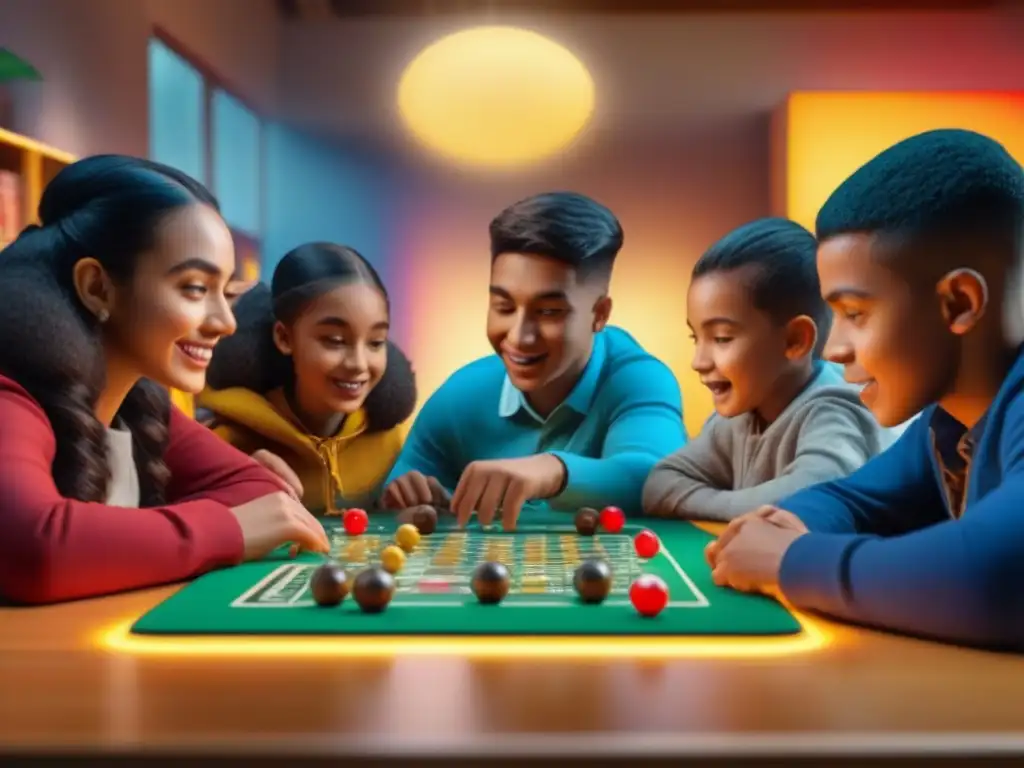 Niños de diferentes etnias disfrutan juntos de un juego de mesa estratégico en un aula colorida y estimulante