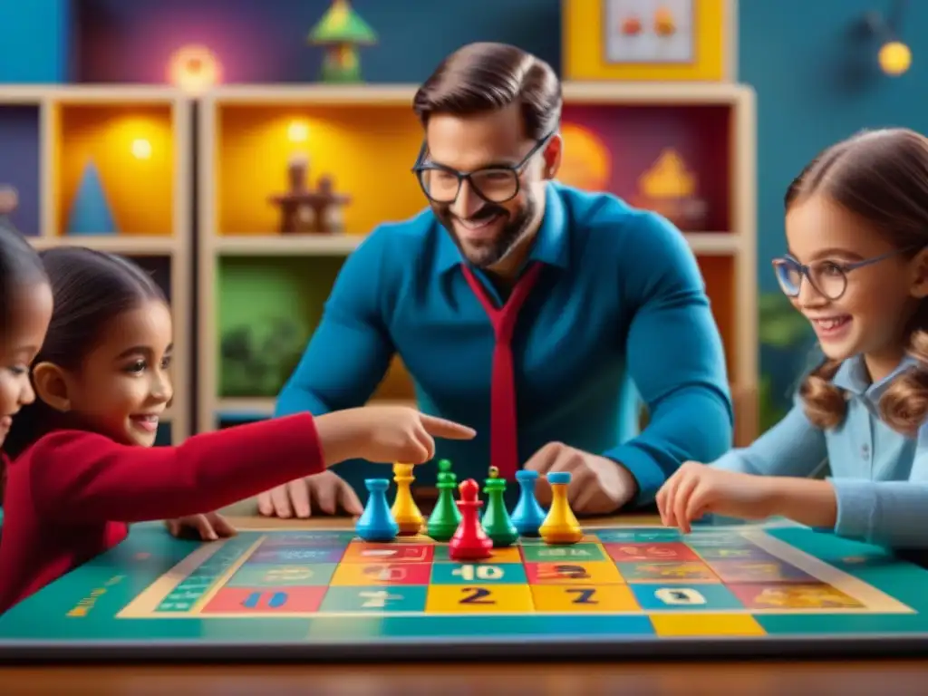 Niños felices aprendiendo con un juego de mesa educativo y colorido