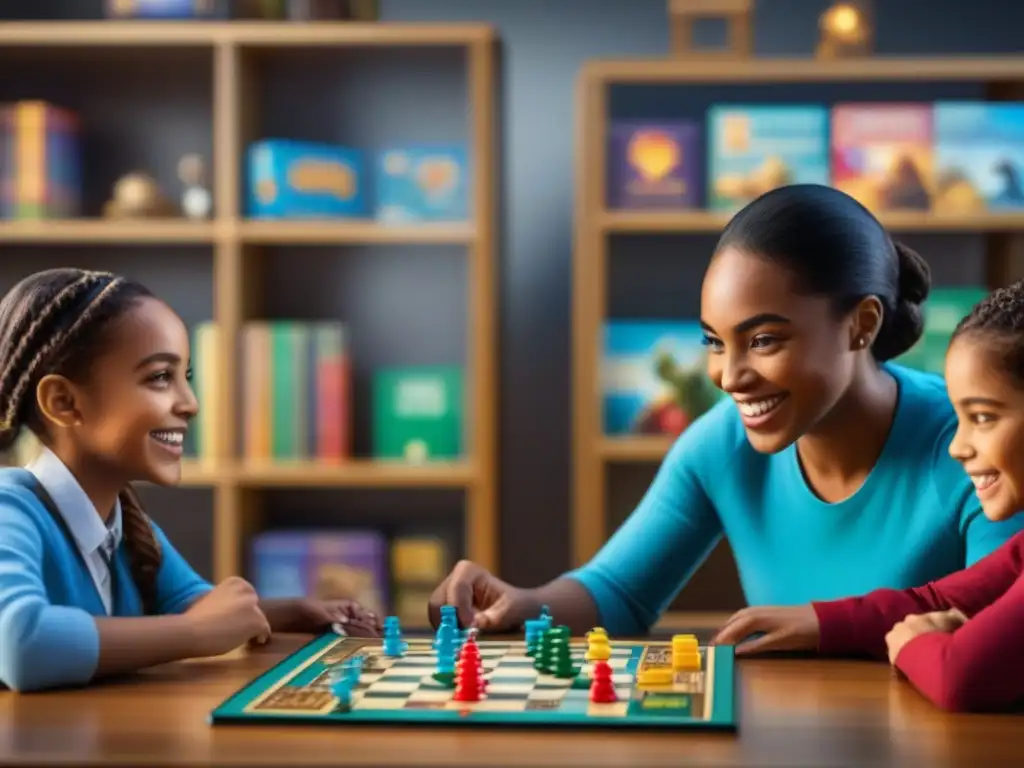 Niños felices disfrutan de juegos de mesa educativos mercado, creando atmósfera de diversión y aprendizaje