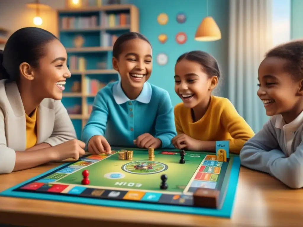 Juego educativo: risas y aprendizaje en grupo Niños felices juegan juegos de mesa educativos con ilustraciones vibrantes