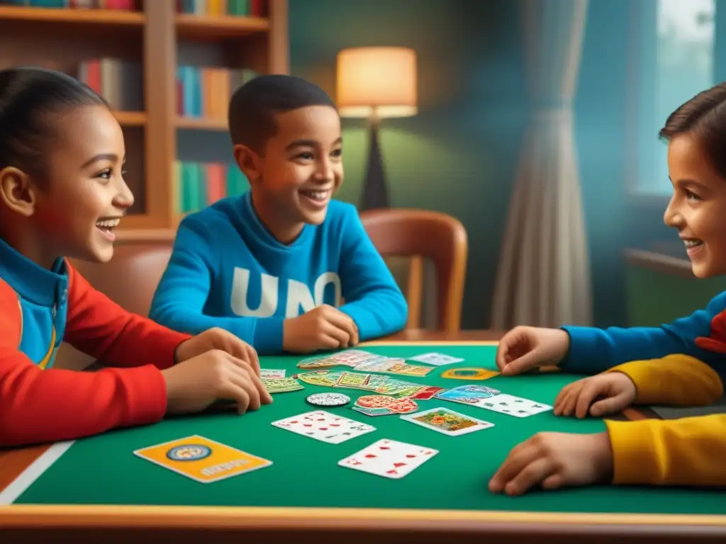 Niños felices jugando 'Uno' en mesa llena de cartas