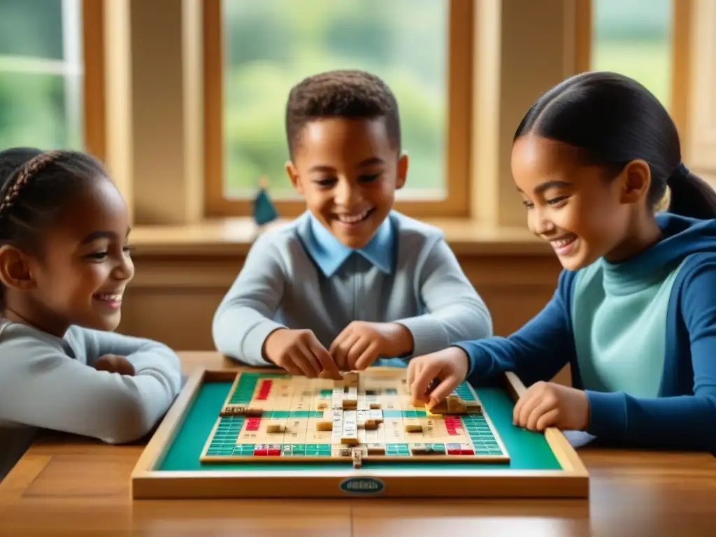 Niños felices juegan Scrabble Junior en ambiente acogedor