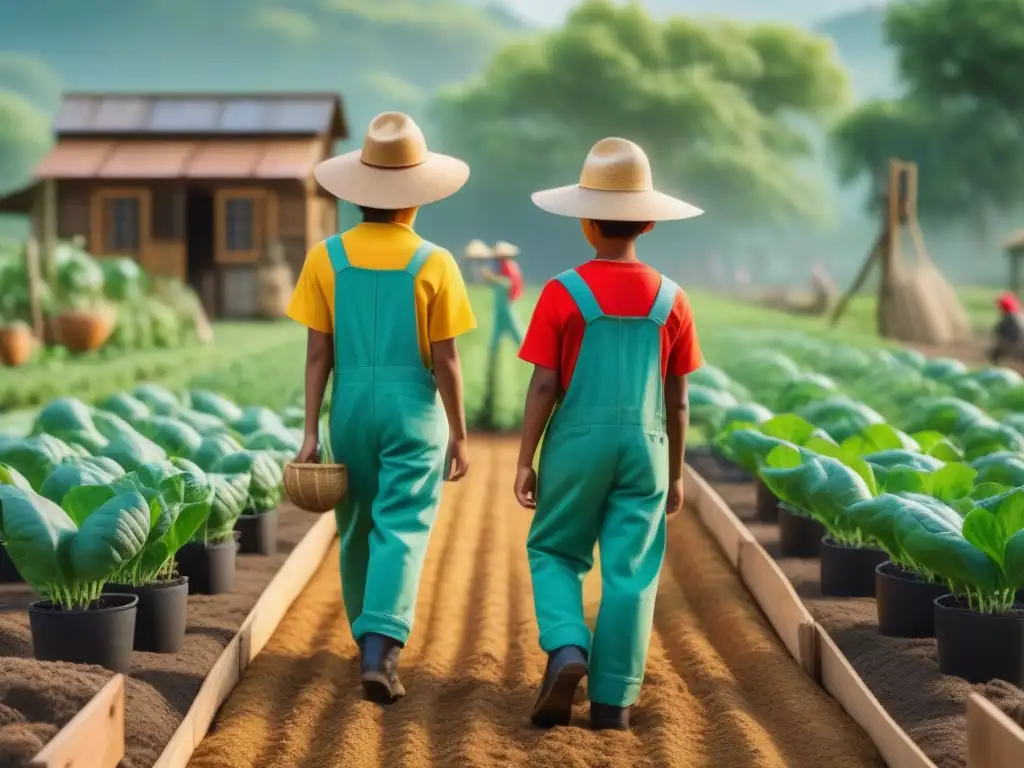 Niños felices plantando semillas en La Granja de Sunny, con granjero sonriente