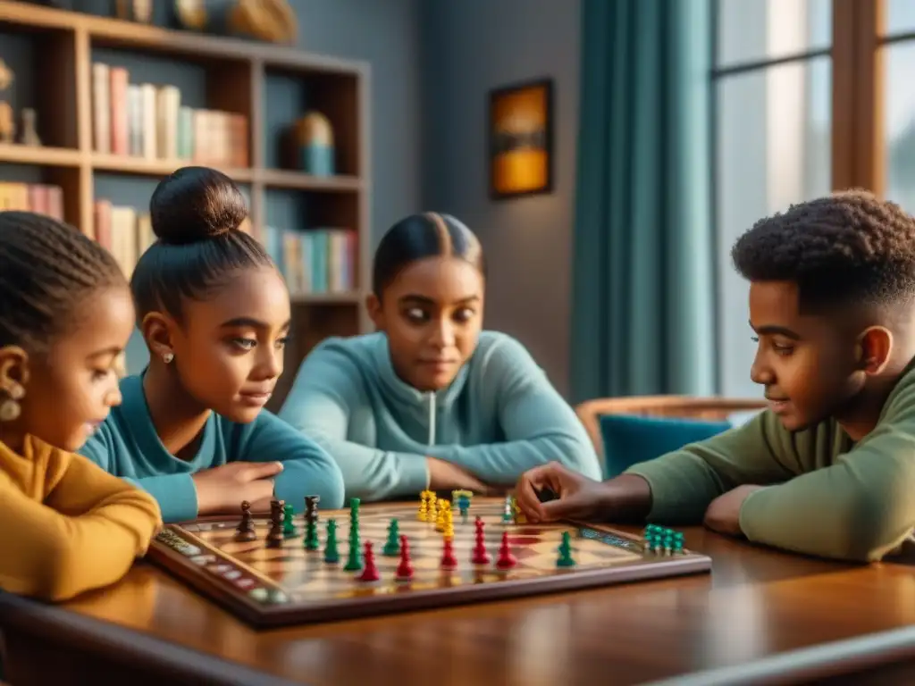 Niños diversos enfrentan fracaso en juegos de mesa, concentrados y emocionados en estratégica partida