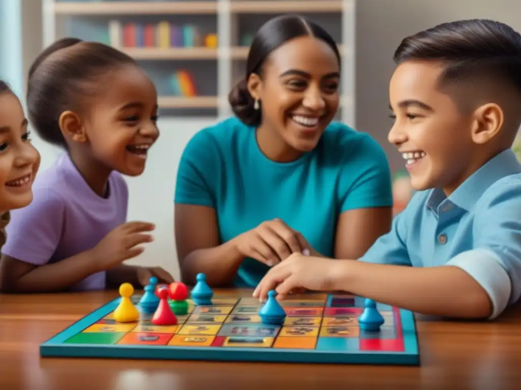 Niños de distintas habilidades y orígenes juegan felices en un juego de mesa inclusivo