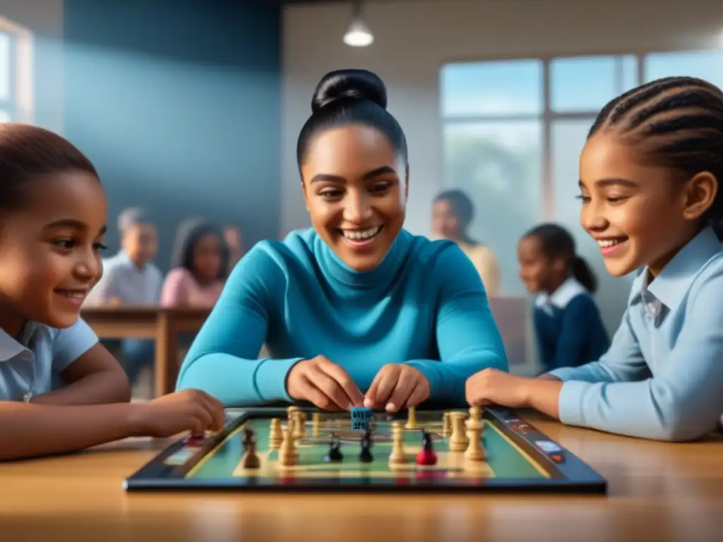 Niños diversos juegan juego de mesa en aula, fomentando la inclusión educativa