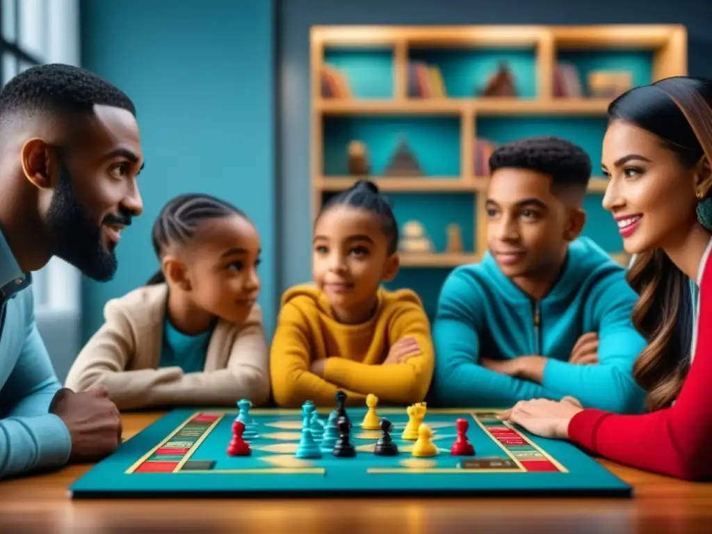 Niños diversos disfrutan juego de mesa, fomentando beneficios juegos de mesa en ambiente educativo y acogedor