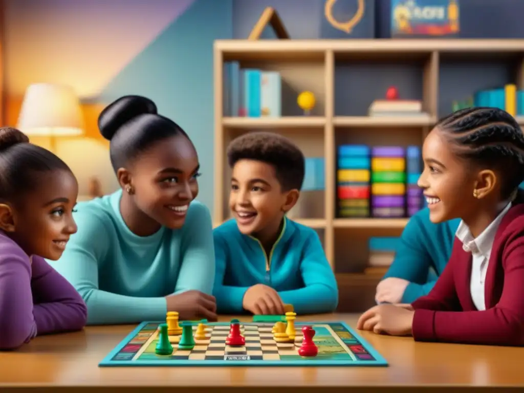 Niños diversos conversan animadamente alrededor de un juego de mesa colorido en un aula acogedora