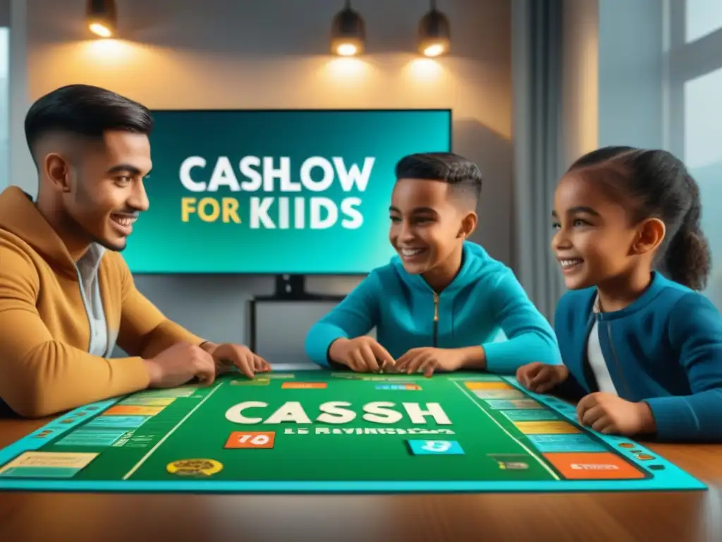 Niños jugando 'Cashflow for Kids' en un juego de mesa educativo financiero, rodeados de diversión y aprendizaje sobre finanzas