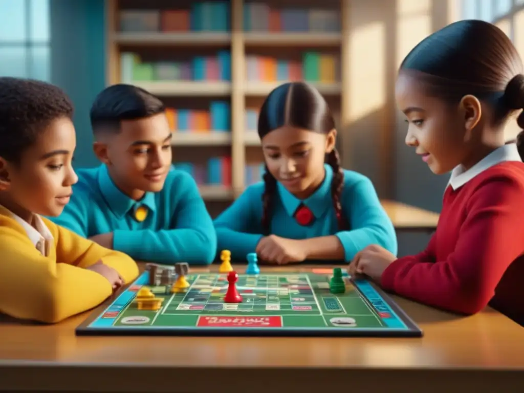 Niños disfrutan de juego de mesa educativo, fomentando el desarrollo del lenguaje en un aula vibrante y estimulante