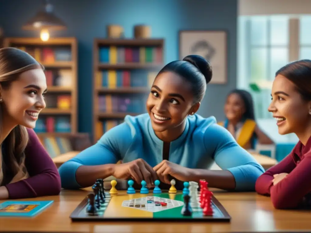 Niños diversos juegan un juego de mesa sobre emociones en un aula acogedora, destacando la importancia de los juegos de mesa para empatía