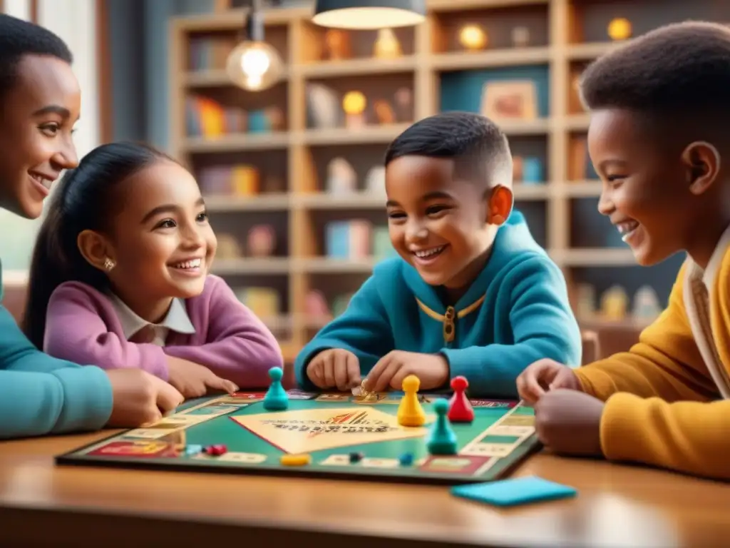 Niños diversos disfrutan un juego de mesa juntos, fomentando la resiliencia emocional a través de juegos en un ambiente cálido y acogedor