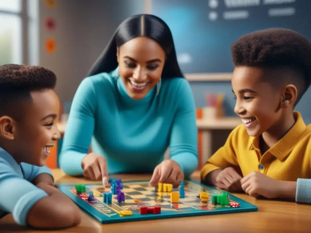 Diversos niños juegan un juego de mesa juntos, mejorando habilidades sociales en un aula acogedora y colorida