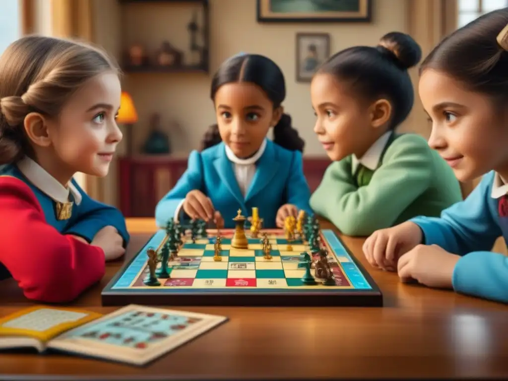 Niños disfrutan juego de mesa literario, rodeados de libros y piezas temáticas