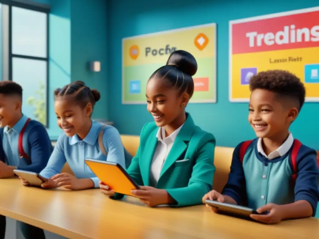 Niños disfrutan de juegos educativos innovadores eventos anuales en aula vibrante y colorida, con maestra sonriente