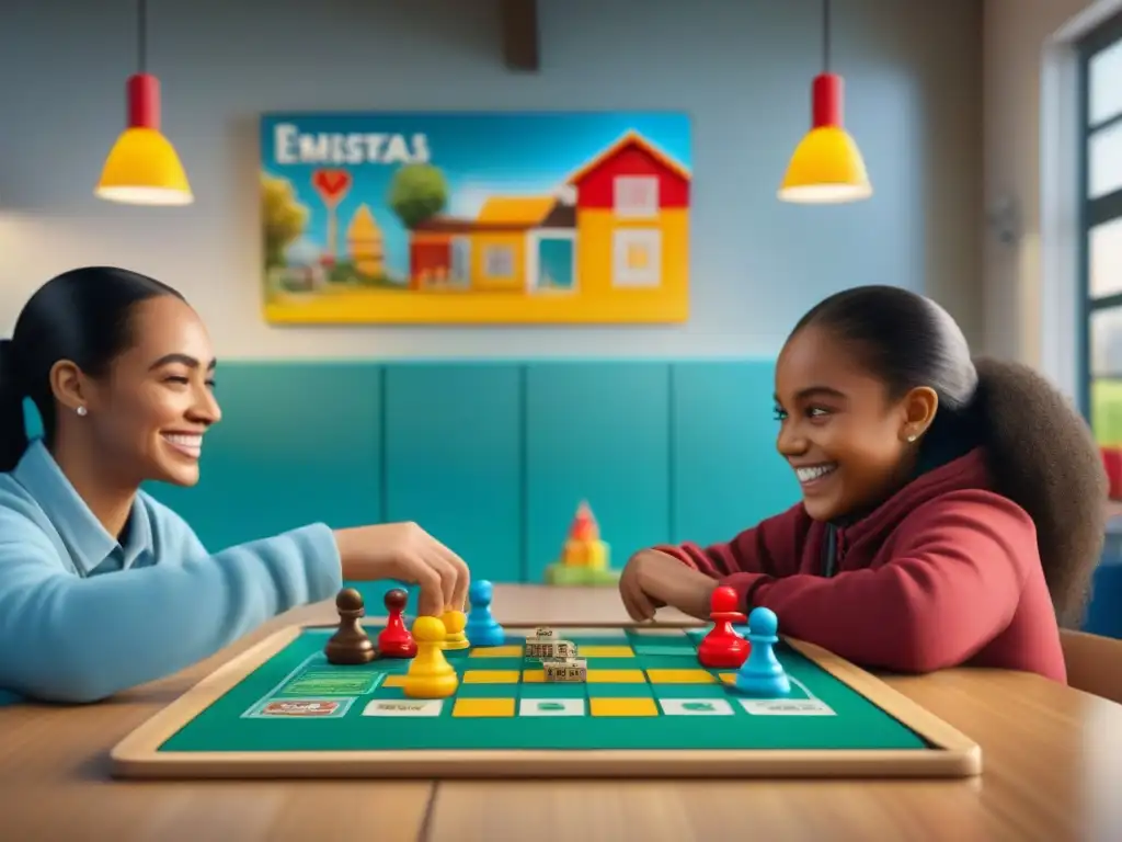 Niños disfrutan de juegos de mesa en aula inclusiva, fomentando trabajo en equipo y beneficios en educación especial