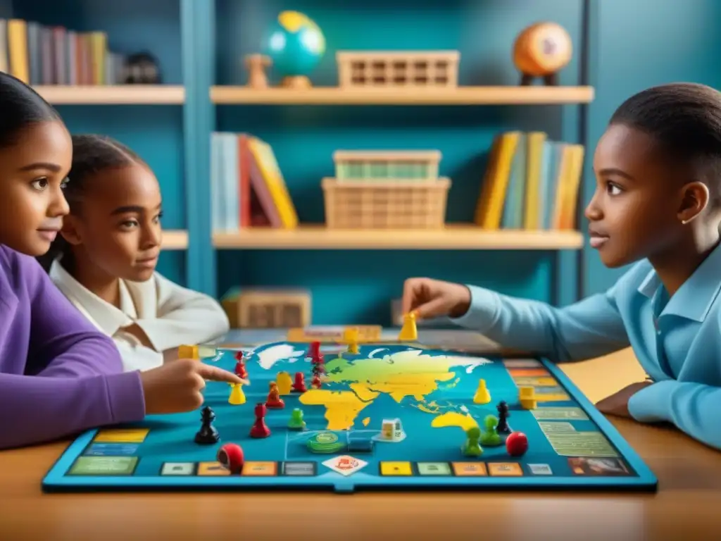 Niños colaborando en juegos de mesa cooperativos Pandemic, concentrados y aprendiendo juntos