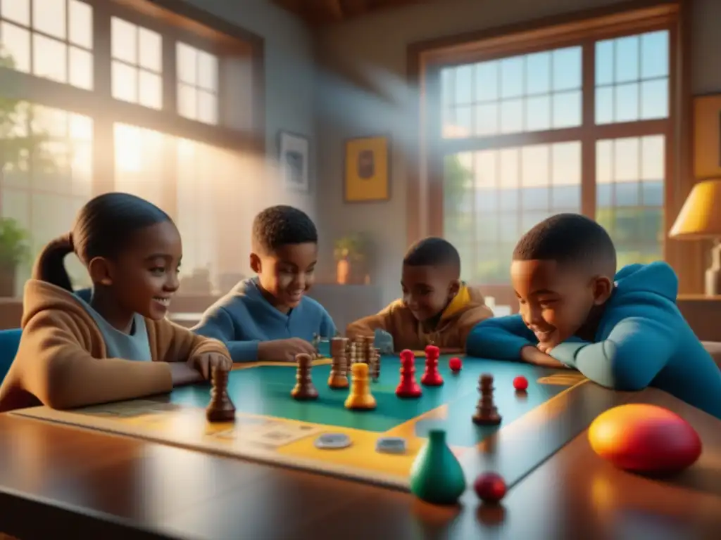 Niños creando juegos de mesa infantiles con entusiasmo y creatividad en una habitación llena de luz y color