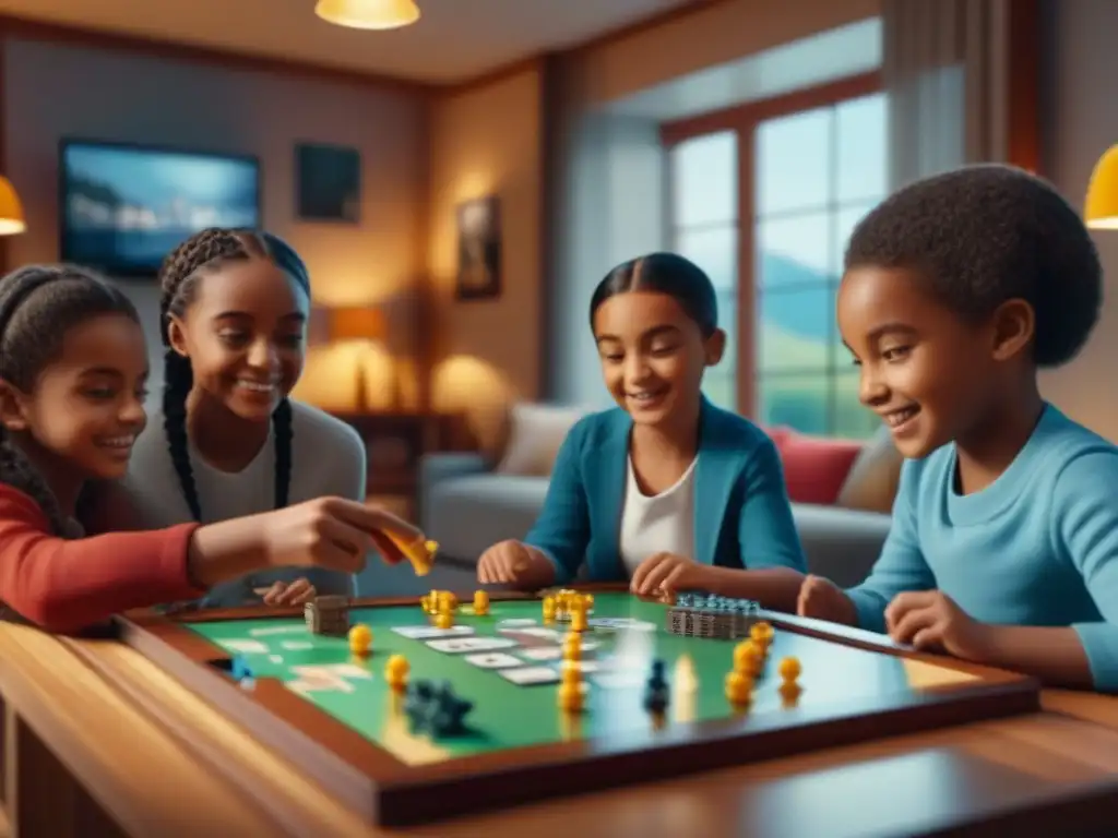 Niños disfrutan de juegos de mesa realidad aumentada en acogedor salón educativo