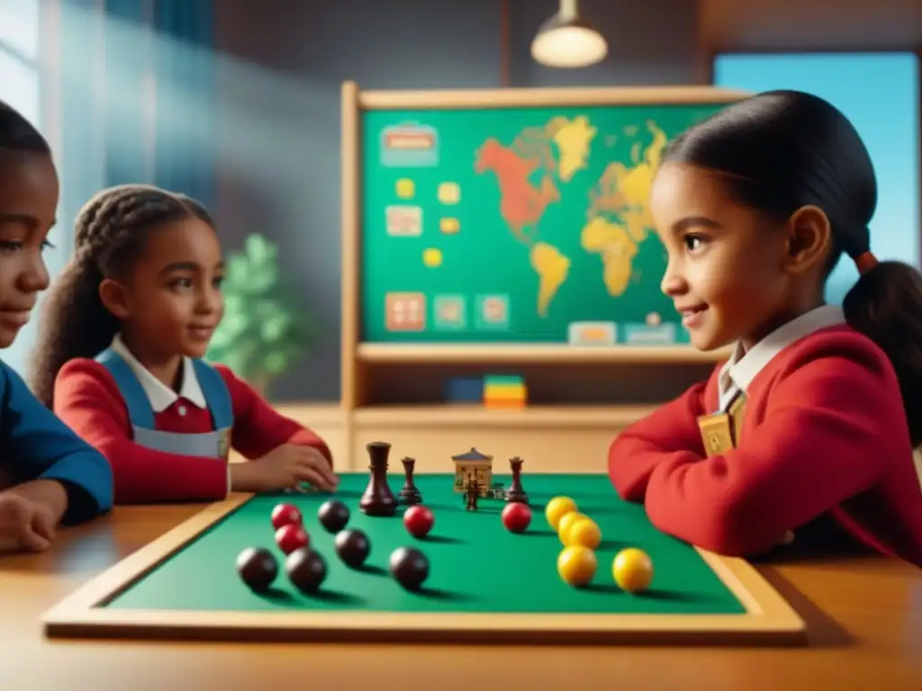 Niños diversos juegan y aprenden juntos en un aula iluminada con juegos de mesa educativos