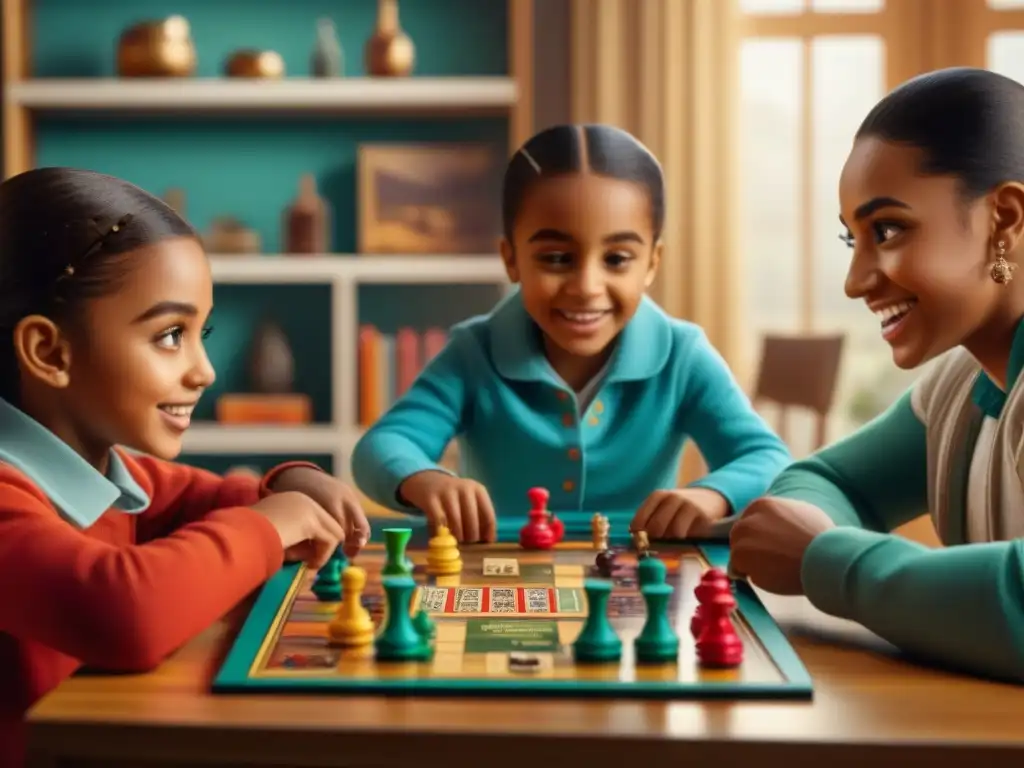 Niños diversos disfrutan y aprenden juntos en un emocionante juego de mesa, fomentando el desarrollo de confianza lingüística