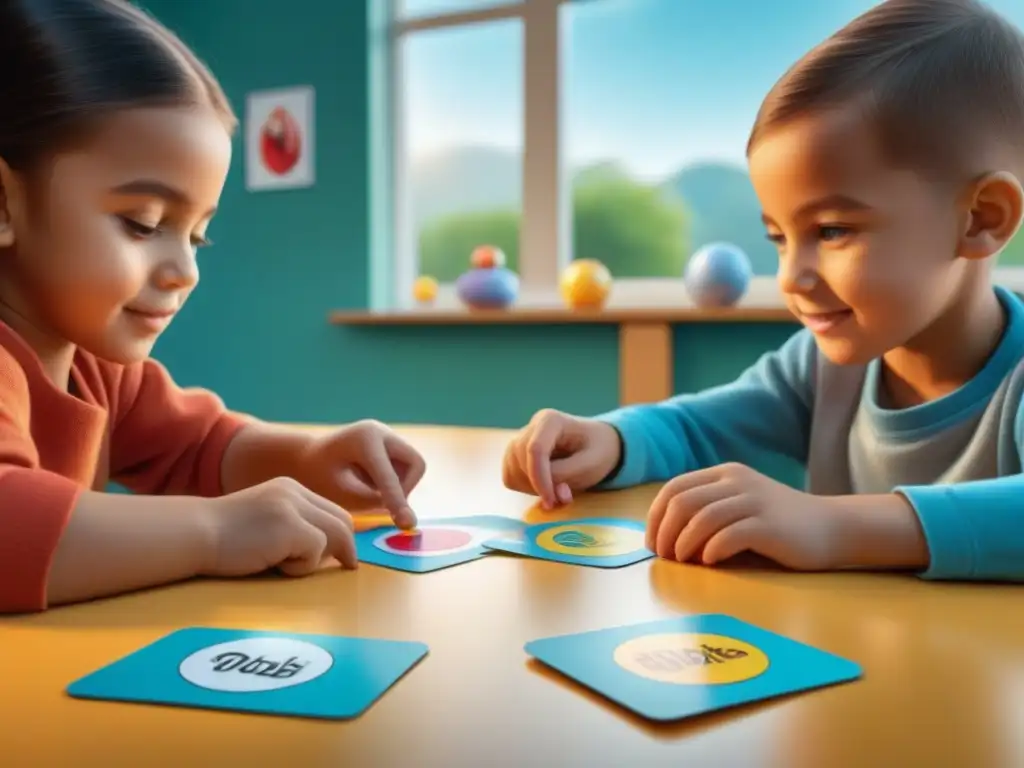 Niños disfrutando juntos del juego Dobble, mostrando concentración y diversión