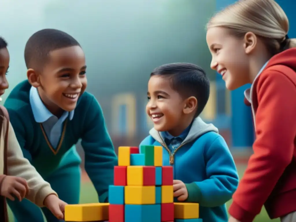 Niños diversos juegan y ríen juntos, construyendo una torre de bloques en el patio escolar