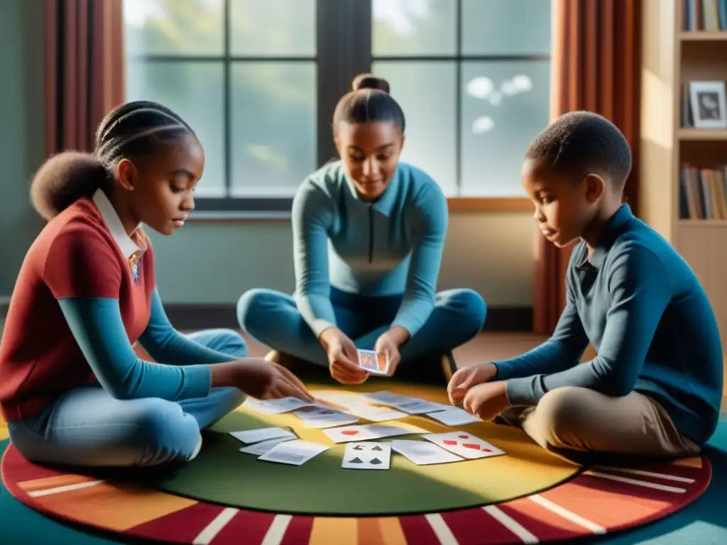 Niños diversos jugando Memory en un aula llena de luz y aprendizaje