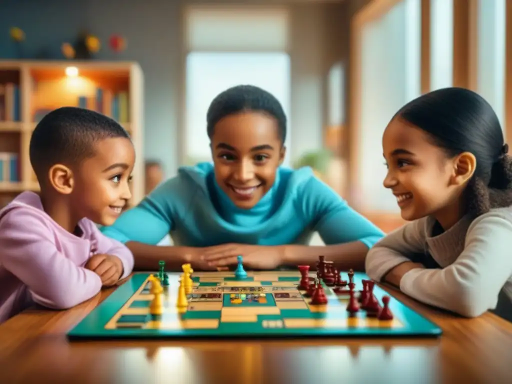 Iniciar niños en juegos de mesa: Diversión y aprendizaje compartido entre niños de diferentes edades y etnias en una mesa llena de juegos coloridos