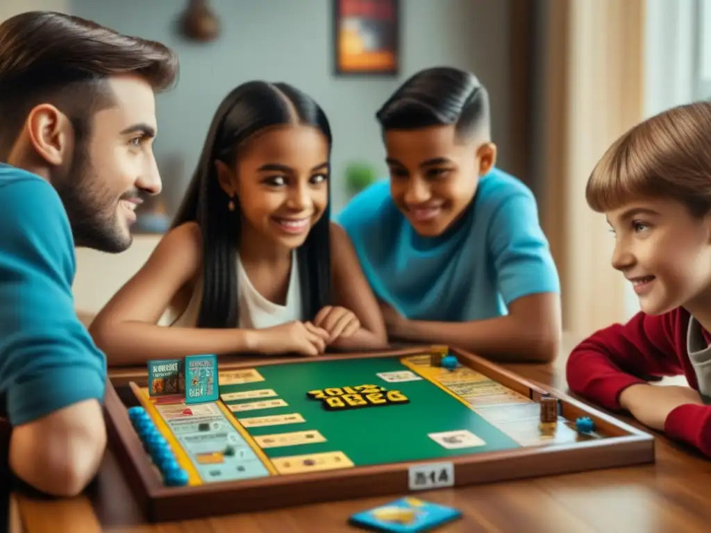 Iniciar niños en juegos de mesa: Grupo diverso disfrutando y aprendiendo con juegos educativos coloridos en una mesa llena de diversión