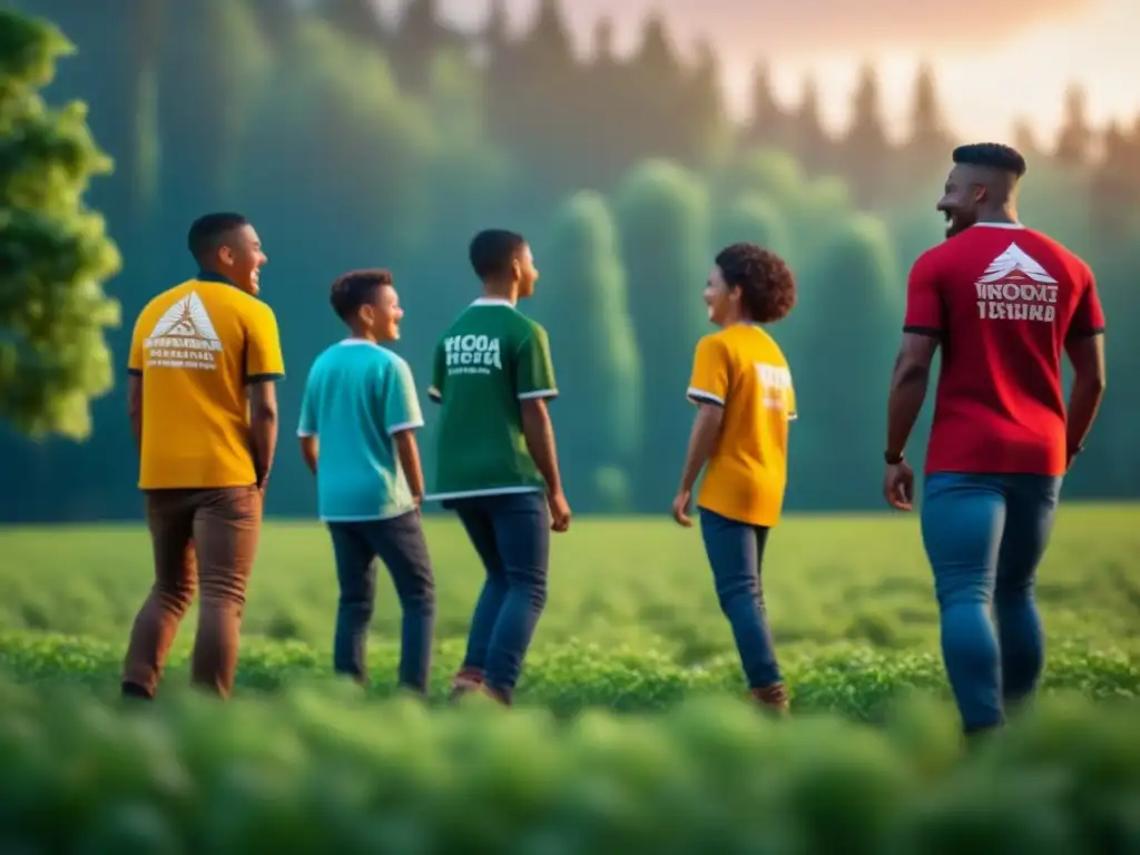 Niños de diversos orígenes culturales juegan en un campo verde, fomentando la comunidad global en campamentos de juegos