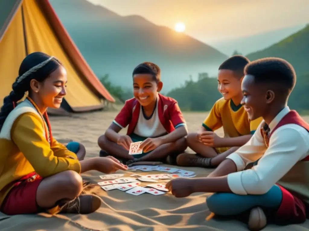 Niños de diferentes países en campamento de juegos, unidos en diversidad y amistad al atardecer