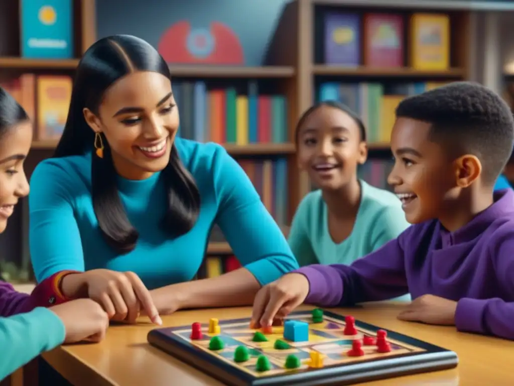 Niños de primaria diversa disfrutan aprendizaje activo con juegos de mesa en aula vibrante