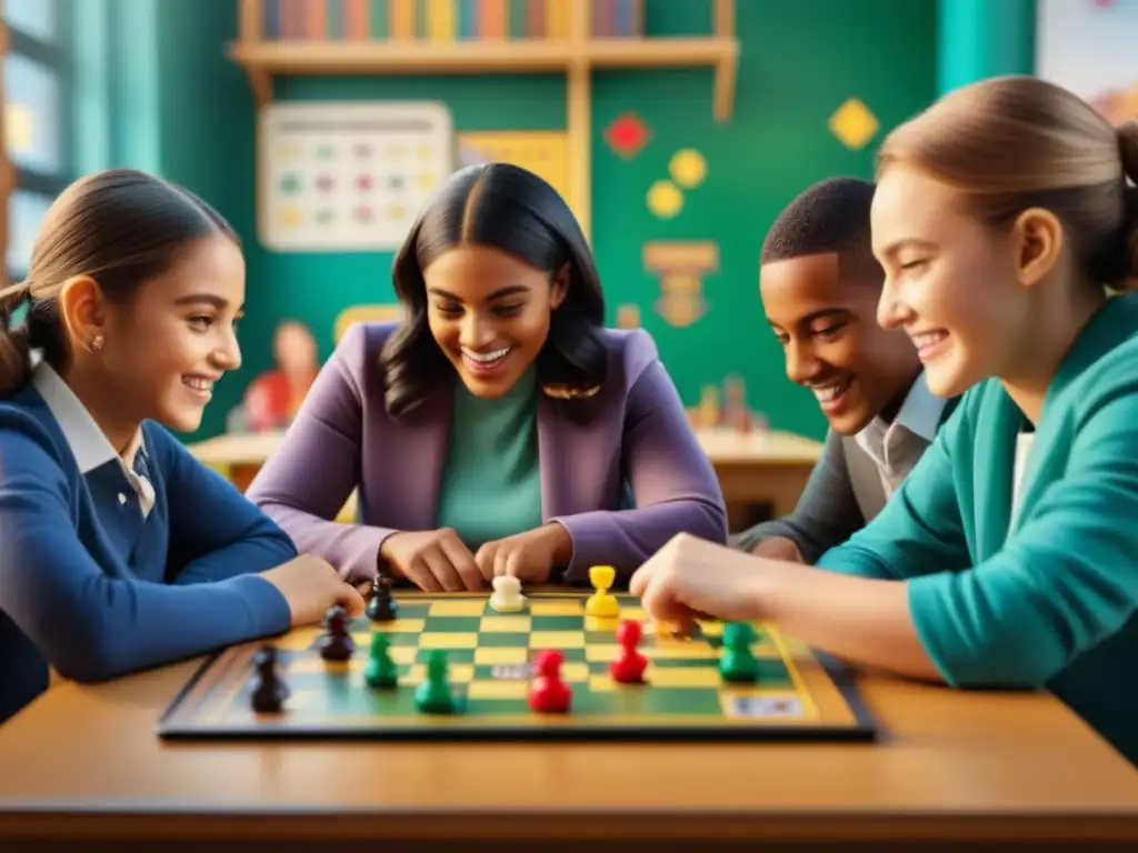 Niños de primaria juegan con entusiasmo un juego de mesa, mostrando trabajo en equipo y diversión