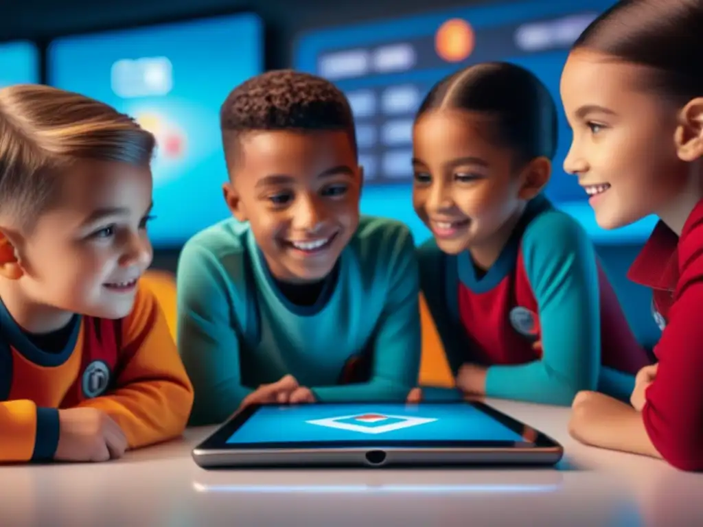 Niños sorprendidos creando juegos educativos en tablet Niños sorprendidos diseñando juegos en tablet en aula vibrante