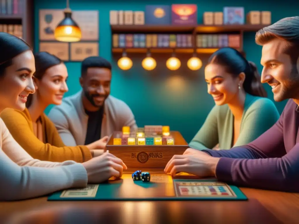 Noche de estrategias: amigos disfrutando de juegos de mesa nocturnos en una atmósfera acogedora y divertida