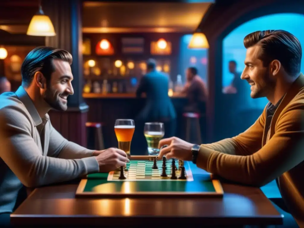 Noche de juegos en bar: Ambiente cálido y acogedor con diversidad de personas disfrutando de juegos de mesa y bebidas