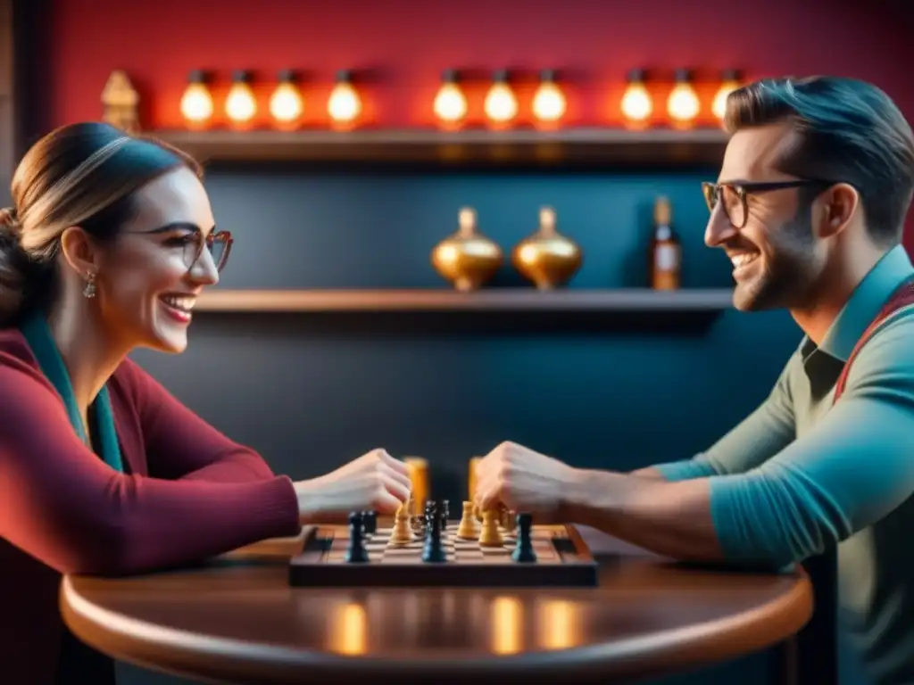 Noche de juegos en bar: Amigos riendo y jugando en un ambiente acogedor, rodeados de juegos de mesa, luces cálidas y aperitivos