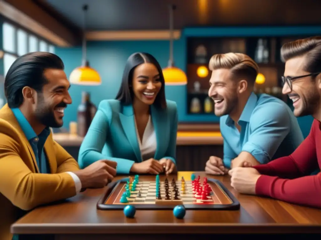 Noche de juegos en bar: Diversas personas riendo y jugando juntas, con piezas de colores y bebidas en la mesa