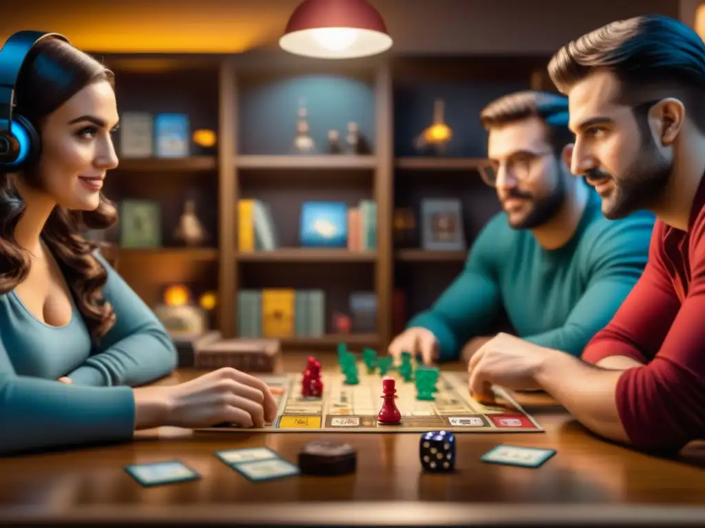 Noche de juegos de mesa con amigos, concentración y emoción en ambiente acogedor