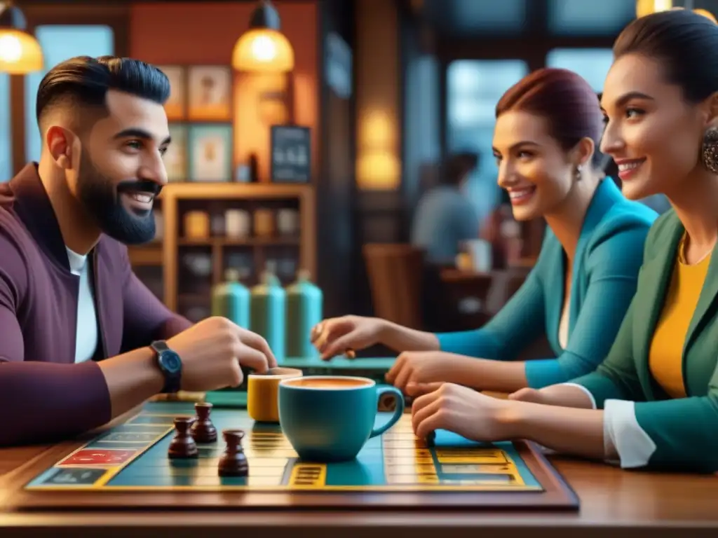 Noche de juegos de mesa en cafetería: Diversión y camaradería en un café acogedor mientras se juegan variados juegos de mesa