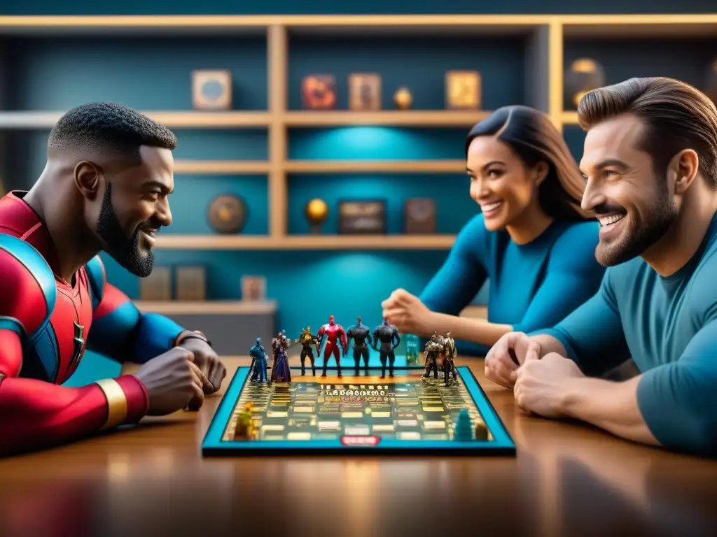 Una noche de juegos de mesa Marvel en familia llena de diversión y conexión, con padres, niños y abuelos sonriendo y disfrutando juntos